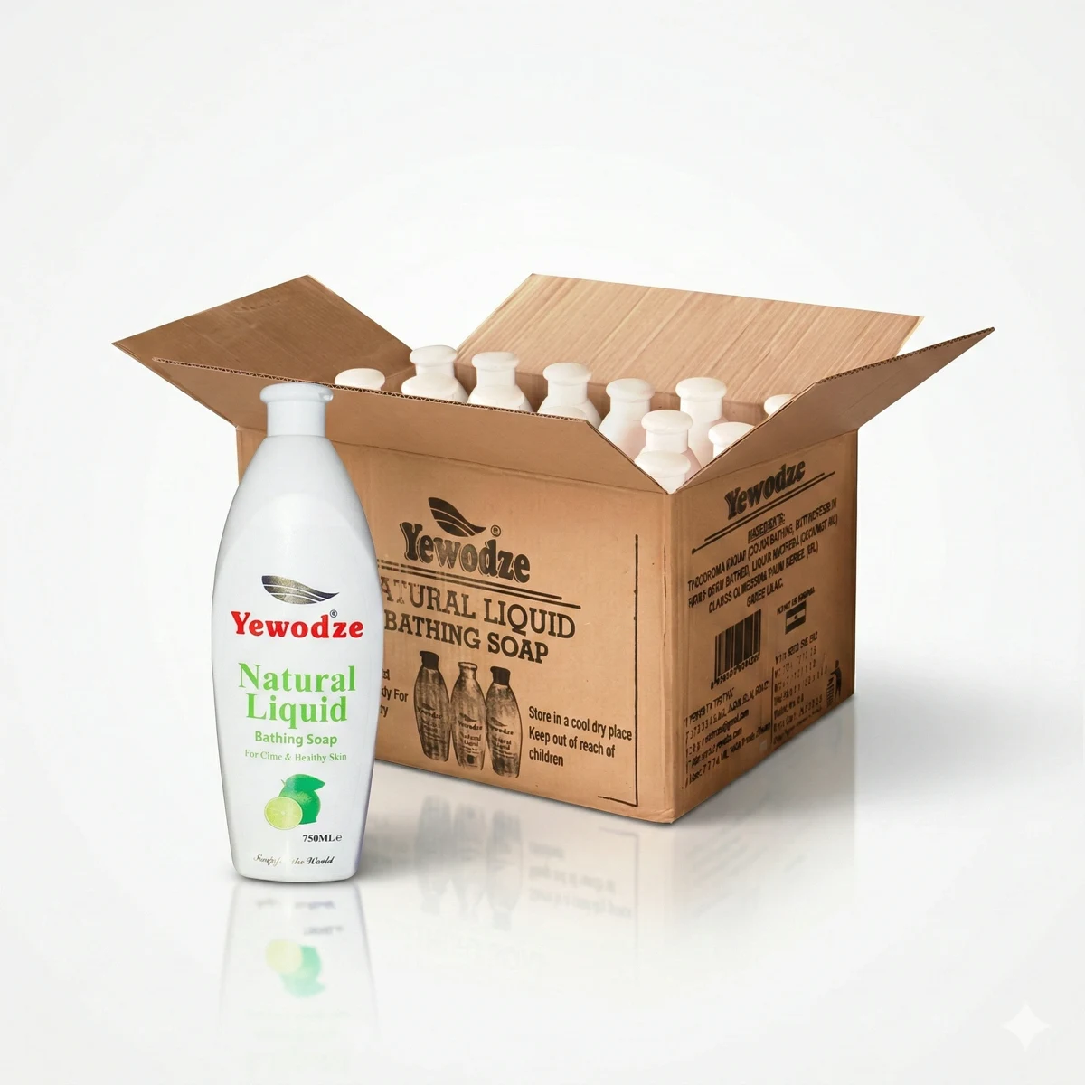 Yewodze natural liquid soap bottles in their carton